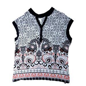 Soma Womens Top Size Large Black Floral V-Neck Henley Sleeveless Rayon Stretch